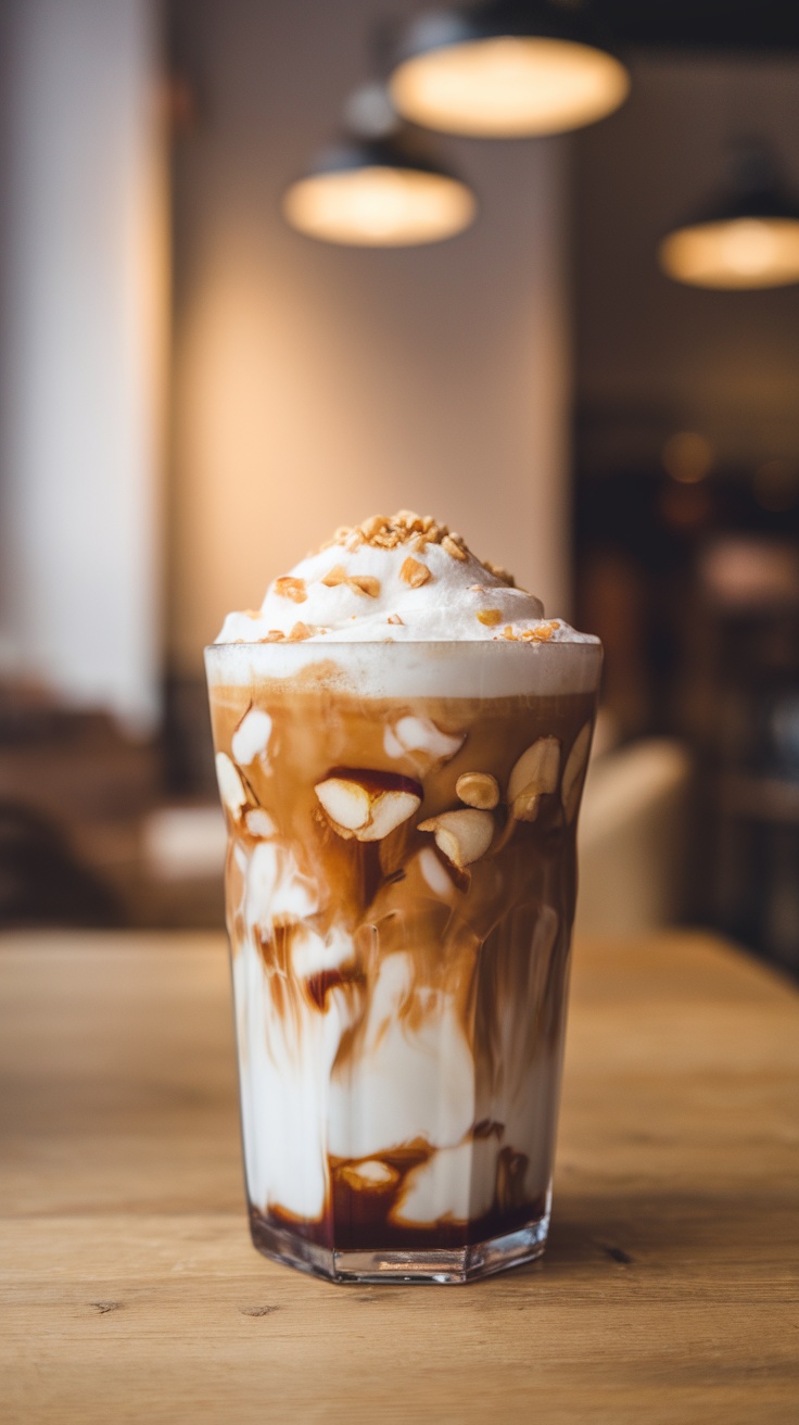 A refreshing hazelnut iced latte in a tall glass with whipped cream and chopped hazelnuts, set in a cozy coffee shop.